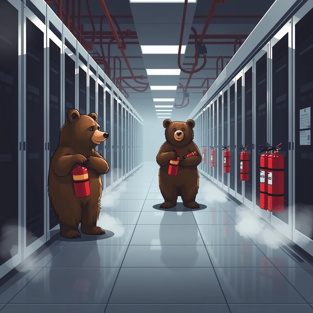 Bears in a data center with too many fire extinguishers - Image