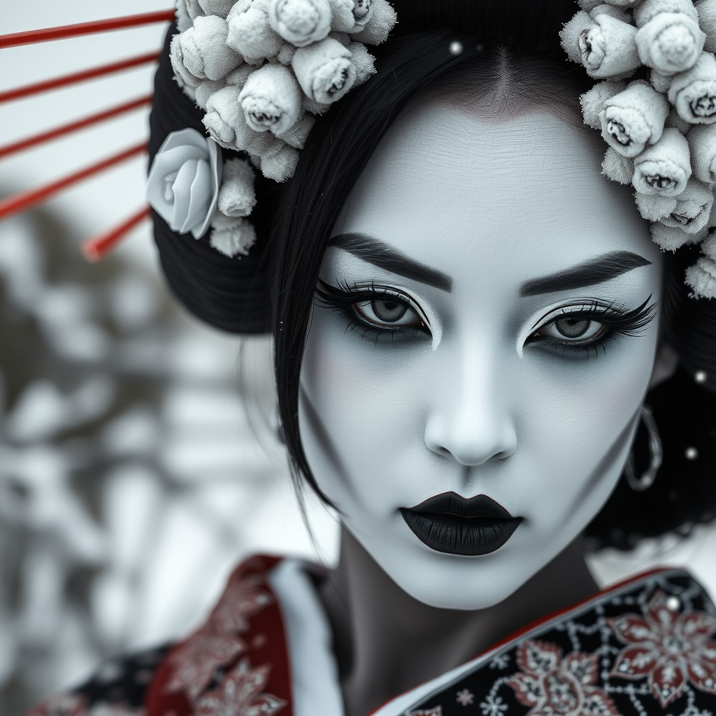 High contrast portrait of a Japanese geisha, gothic, white painted face, dramatic winged black eyeliner, black lips, serious look, winter landscape.