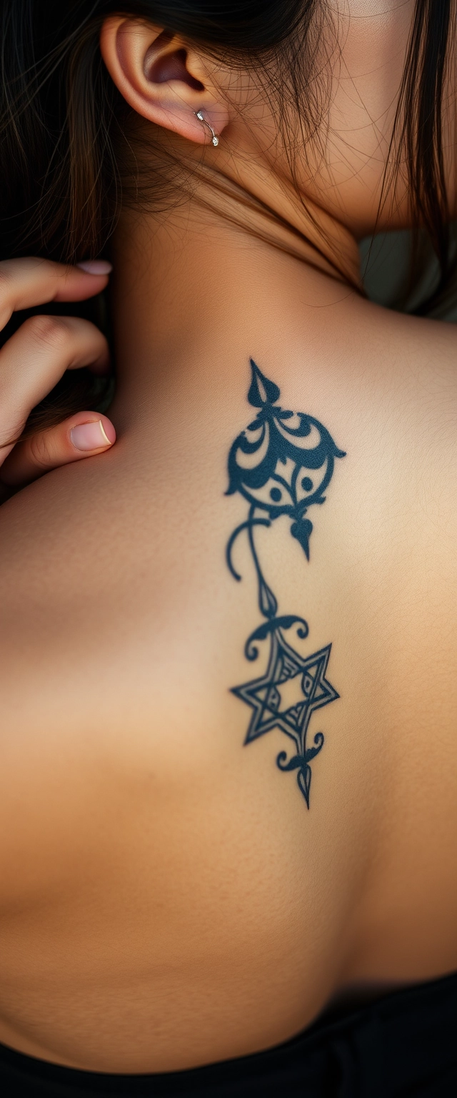 Close-up view of a tattooed back neck of a muscular Indian Korean woman with white skin, holding her beautiful hair by hand. - Image