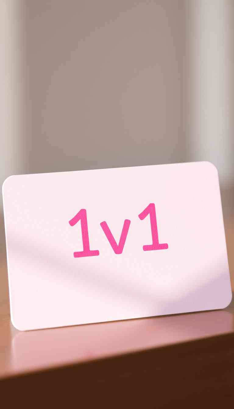 a card in pink and white color, 1v1 text on it, soft colors, bubbly style