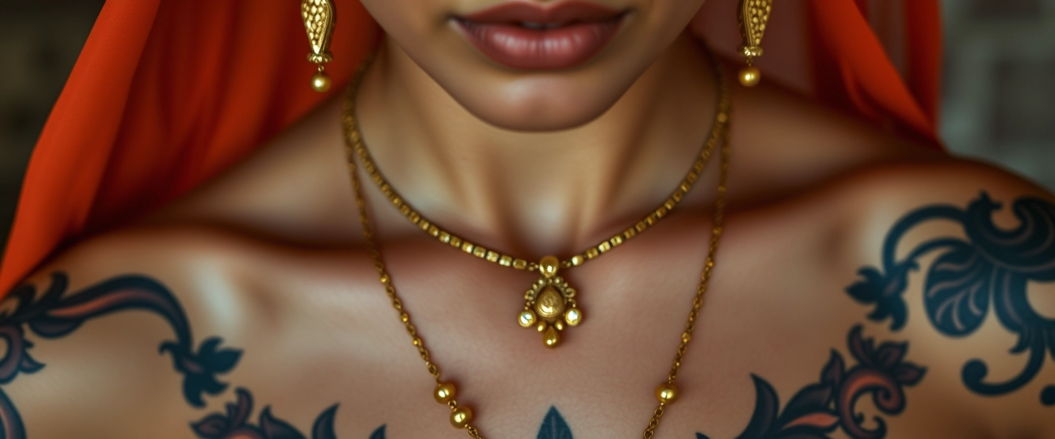 Close-up view of the tattooed chest of a fair-skinned Korean Indian woman with beautiful facial features and blue eyes, wearing gold ornaments, looking at the camera.