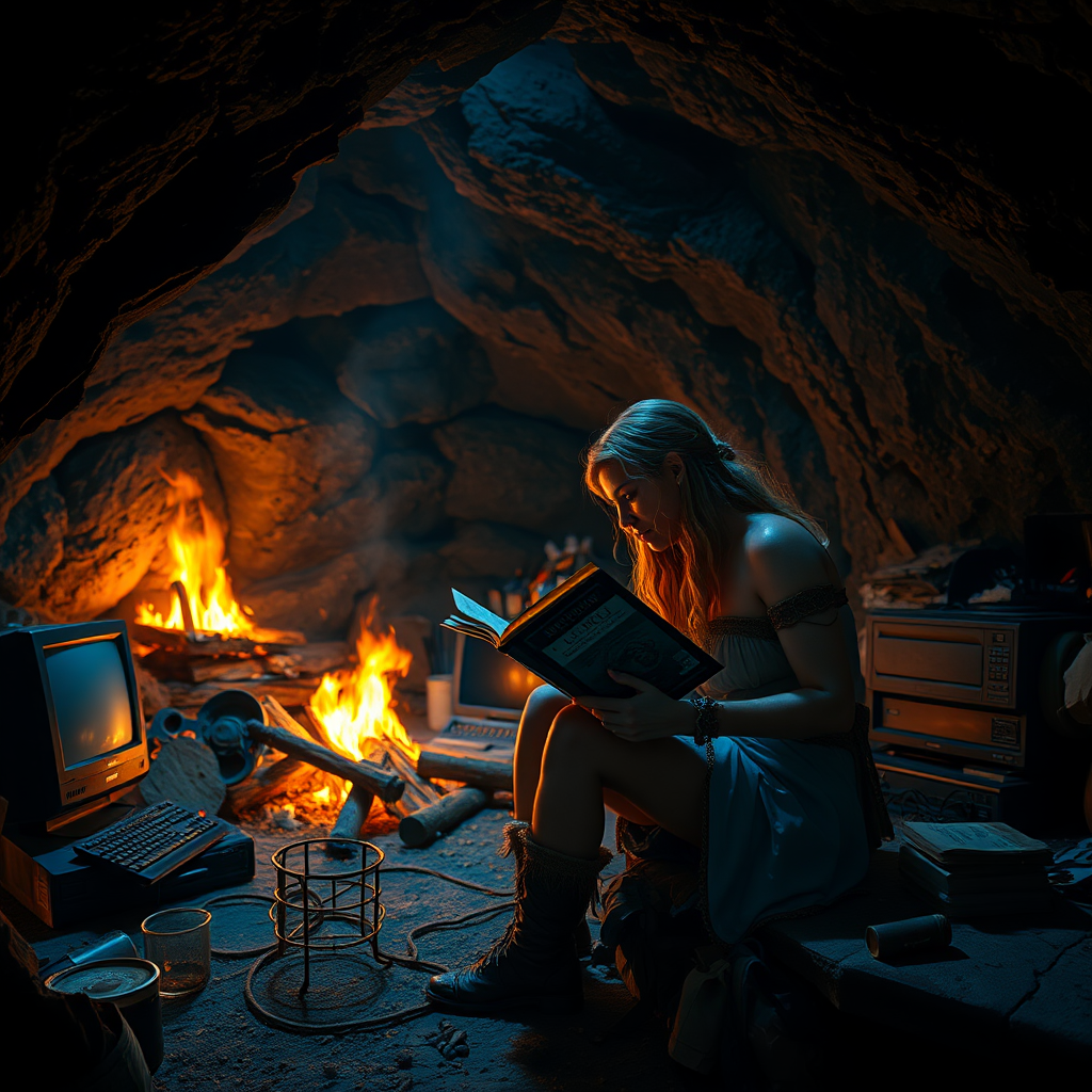 Real-life photography: At night, in the cave, there is a female barbarian reading a book. The cave is very large, with a bonfire, a 90s desktop computer, and some messy household items.