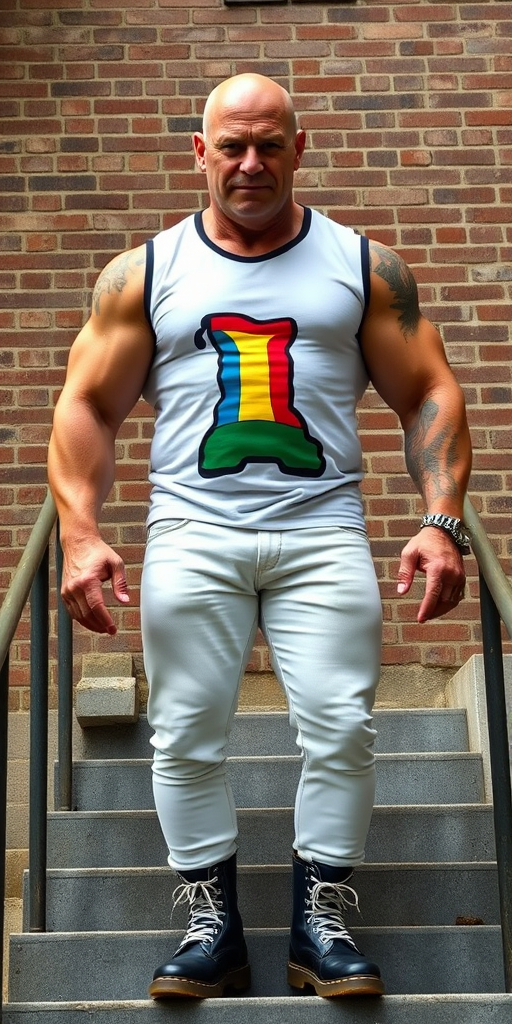 A towering, muscular 60-year-old skinhead bodybuilder stands confidently on concrete stairs, his gleaming bald head contrasting with his light skin. Clad in a striking white t-shirt with a logo of the rainbow gay flag in the shape of a Dr Martens boot, tattooed arms flex beneath the sleeveless fabric. Tight bleached denim trousers highlight his powerful legs, complemented by knee-high Dr. Martens boots with white laces. The rugged brick wall and metal handrails create an industrial backdrop, enhancing the imposing presence of this behemoth.