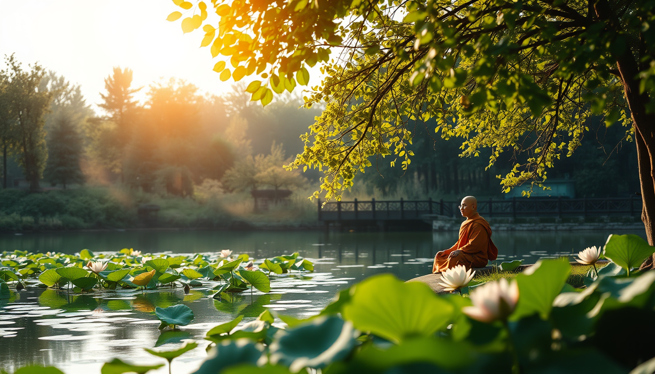 In the serene embrace of nature, a gentle breeze rustles the leaves, creating a soothing melody. By the lotus pond, a monk sits in meditation, embodying tranquility and peace. The scene is a perfect blend of natural beauty and spiritual calmness.