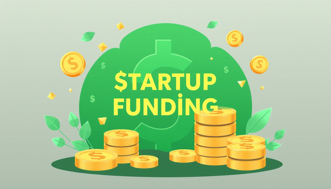 Startup funding illustration in green and gold with financial motifs. - Image