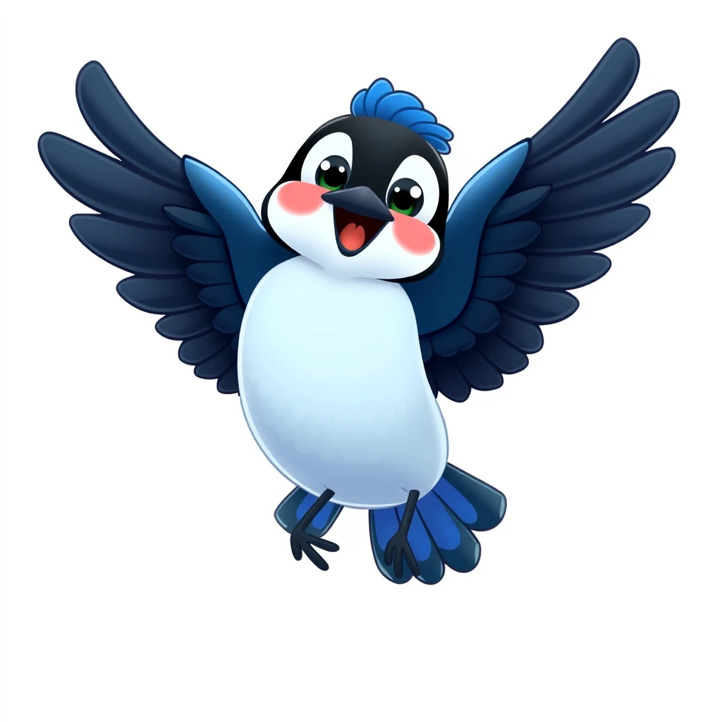 3D cartoon style, a cute magpie, blue and black, happy, flying. - Image