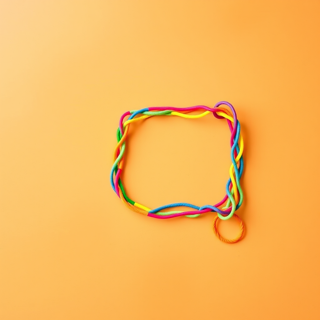 A letter "E" made of twisted colorful elastic bands on a light orange background, realistic photograph.