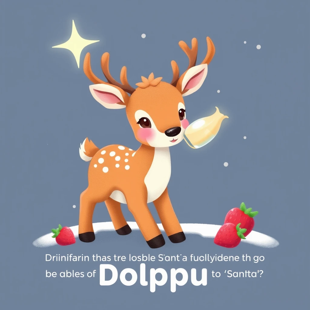 A cute baby deer that has to drink a million bottles of strawberry milk on Earth to be able to go to Santa's star, "Dolppu" title text. - Image