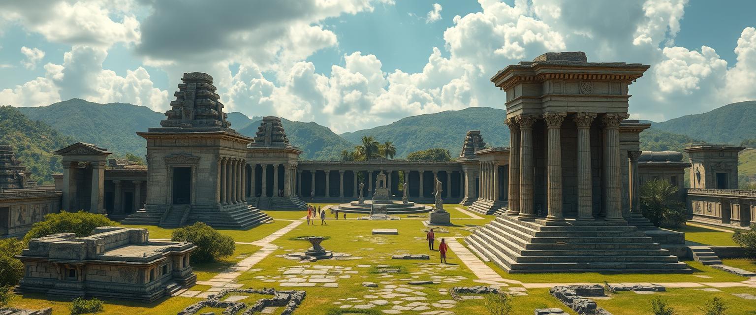 Grand, ancient ruins, historical, archaeological, high quality, photorealistic, mystical, lost civilizations, stone structures, lush greenery, mysterious, UNESCO World Heritage Site, panoramic, breathtaking::1.5 hieroglyphs, temples, palaces, pillars, statues, sacred sites, ancient tombs, hidden chambers