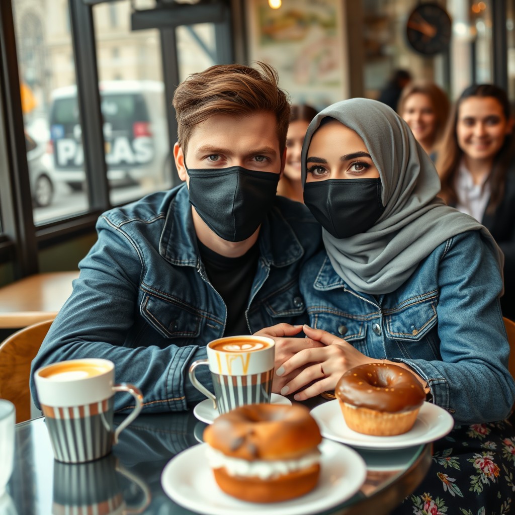 Jamie Dornan's head and body shot, handsome, black face mask, blue jeans jacket, jeans, dating love with a gray hijab Muslim girl, beautiful eyes, black face mask, black leather jacket, biggest floral skirt, at a cafe, 2 cups of latte, muffin cake, chocolate donut on a table, with another 4 friends smiling in the background, photorealistic, hyper-realistic, street photography, selfie. - Image