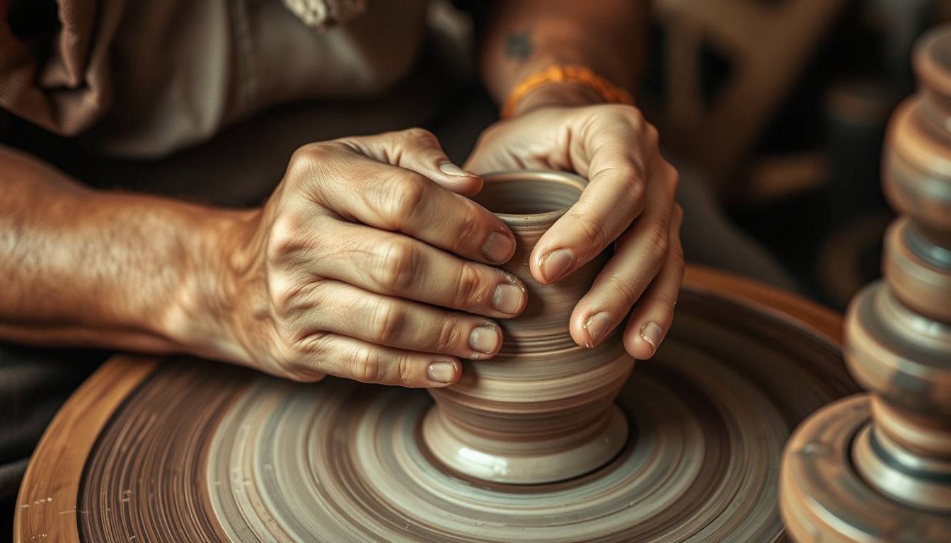 A close-up of a craftsman's hands meticulously shaping a piece of pottery on a spinning wheel, with earthy tones and rich textures. - Image