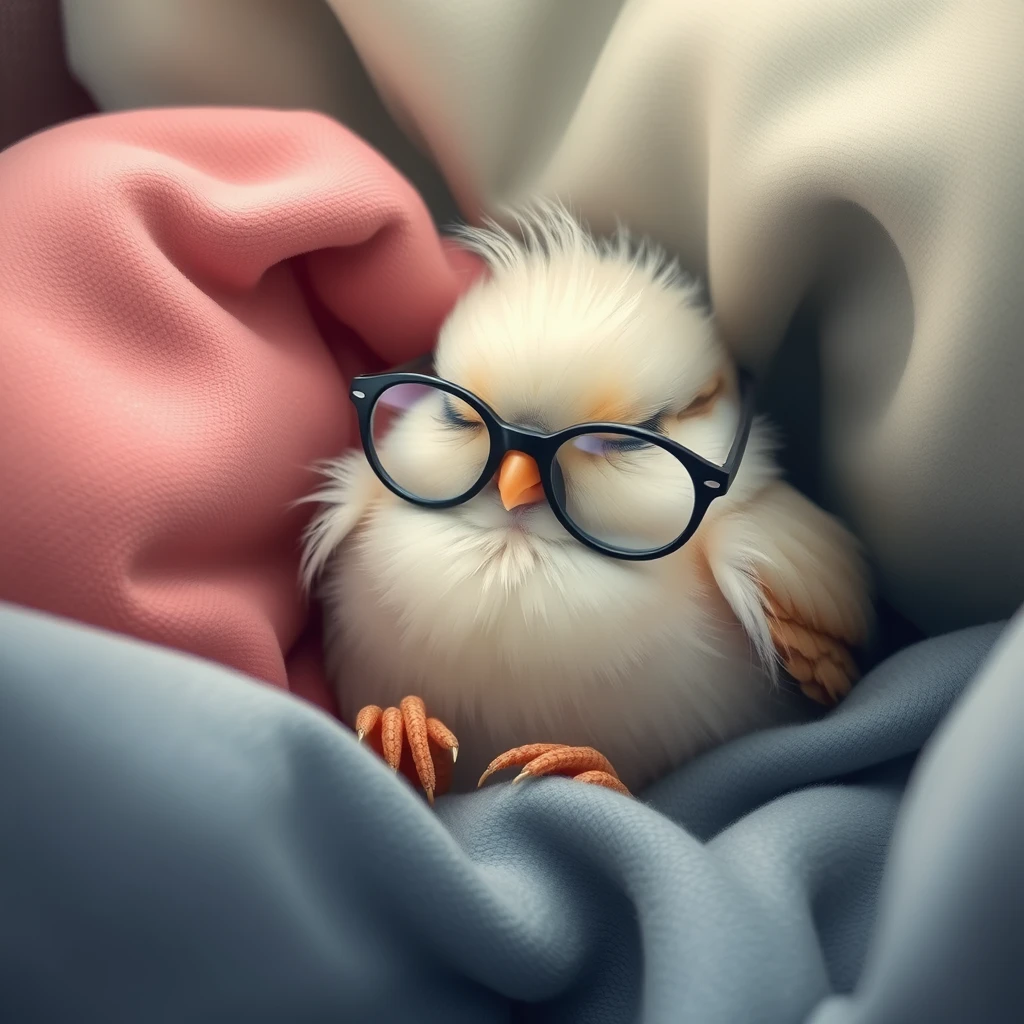 Sweet little bird with glasses sleeping in its bed.