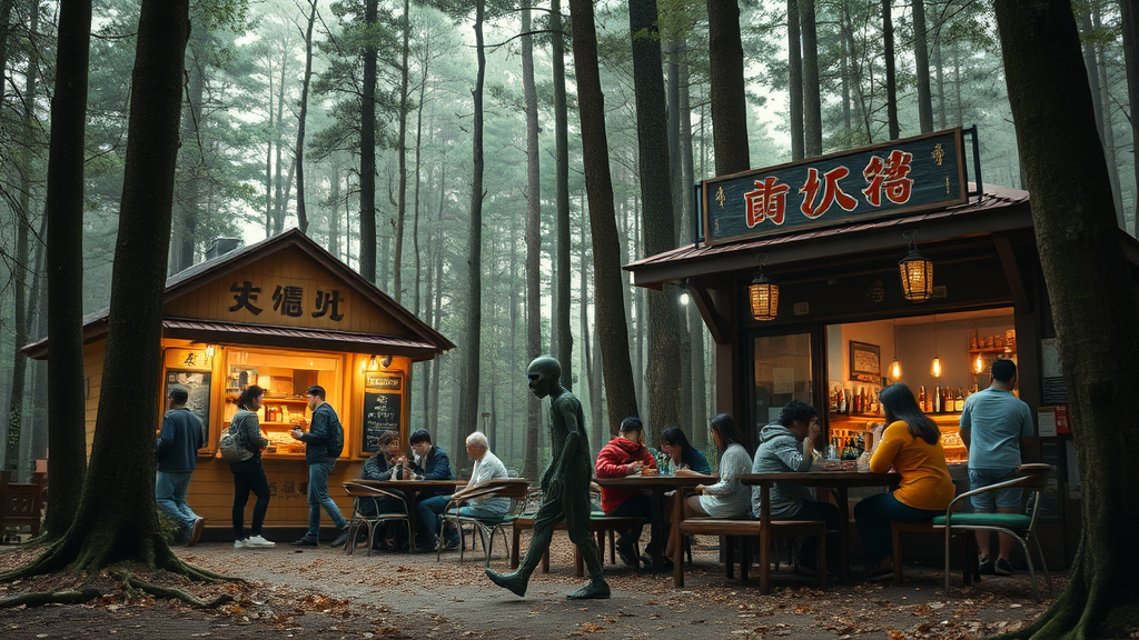 Real-life photography, wide shot: In the forest, there are two small shops selling alcohol, with tables and chairs set up outside, where many young men and women are drinking and chatting. A zombie (like the zombies from Plants vs. Zombies) walks by. There are Chinese characters or Japanese characters. - Image