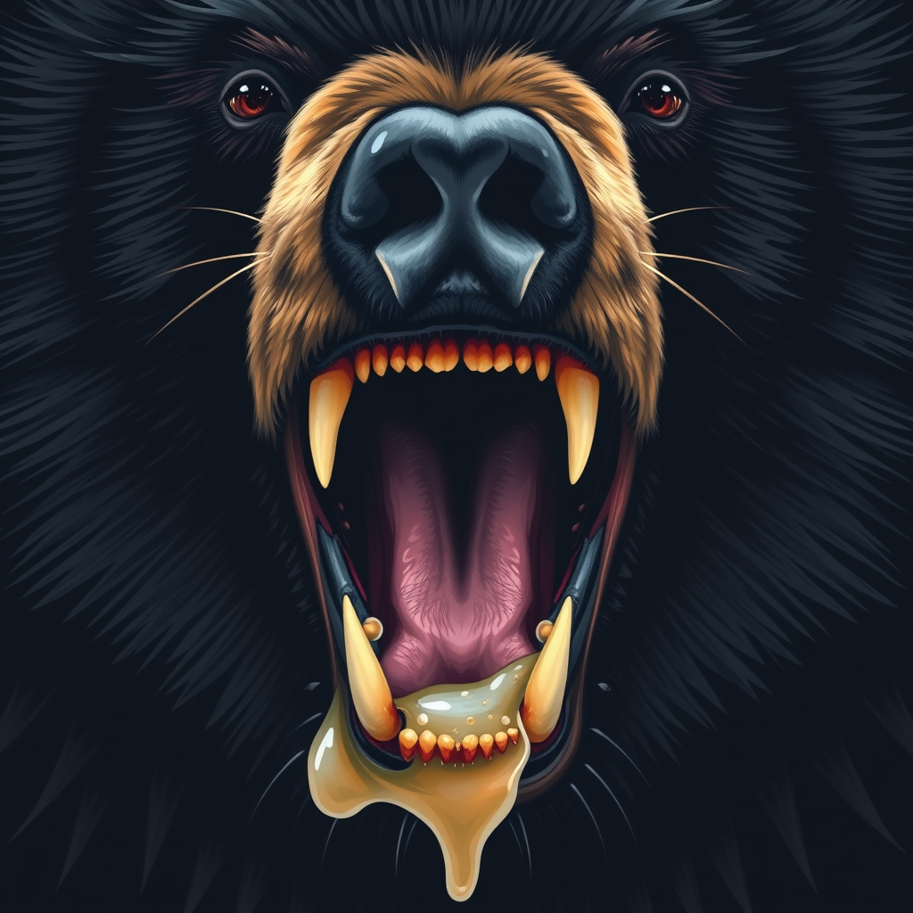 Furry art style, depicting the details of a black bear's mouth when it is hunting: throat details (throat area should be bright), details of the teeth, details of the saliva. - Image