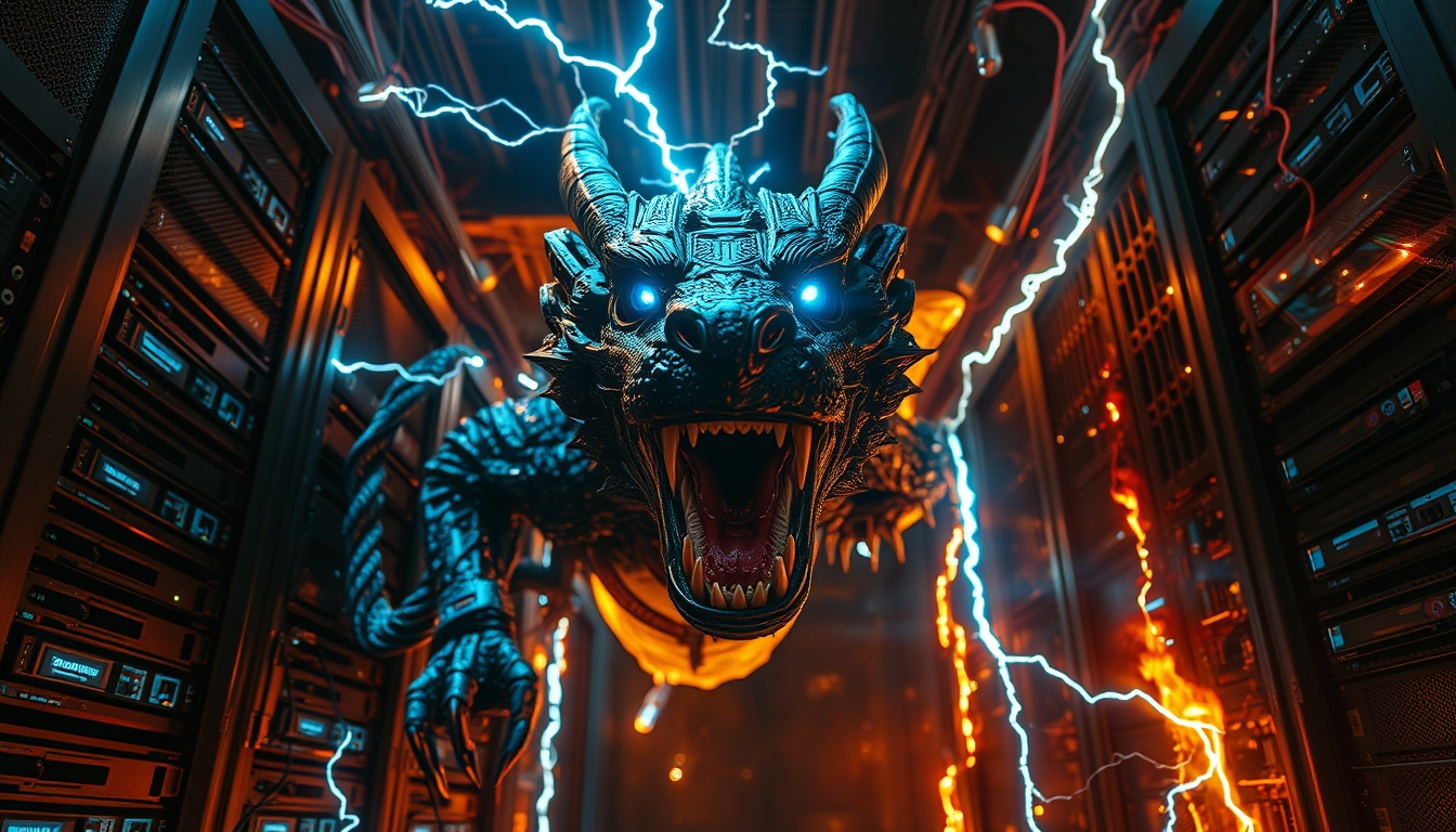 EnhanceImage, fire element, mad-lgthng, highly detailed, high quality, limited color palette, cinematic shot viewed from below, dramatic lighting, rich shadows and bright highlights, server room setting, facing camera mechanical dragon made of circuit boards and electronic parts, roaring with mouth open, crawling out of a computer, smashing GPUs, electrical wires connect it to computer banks, glowing eyes and glowing electricity, blue electrical fire, lightning arcing out of broken computers, mad-embrace falling from ceiling. - Image