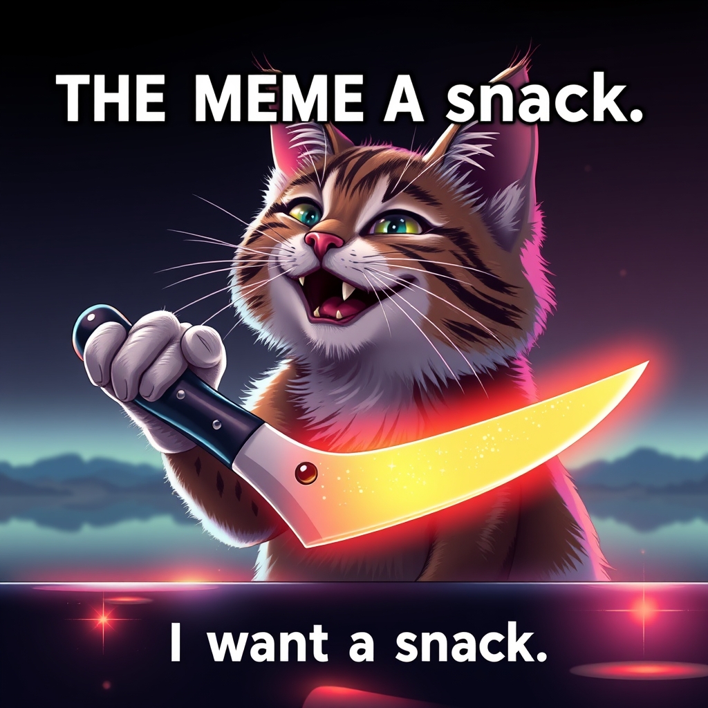 THE MEME message "I want a snack", action-packed grin smile cat with knife in hand, reflecting in glowneon edge, glowing, sparks horizon, detailed mirroring horizon reflecting polychromic space, straight lines, winning award digital art, high detailed.