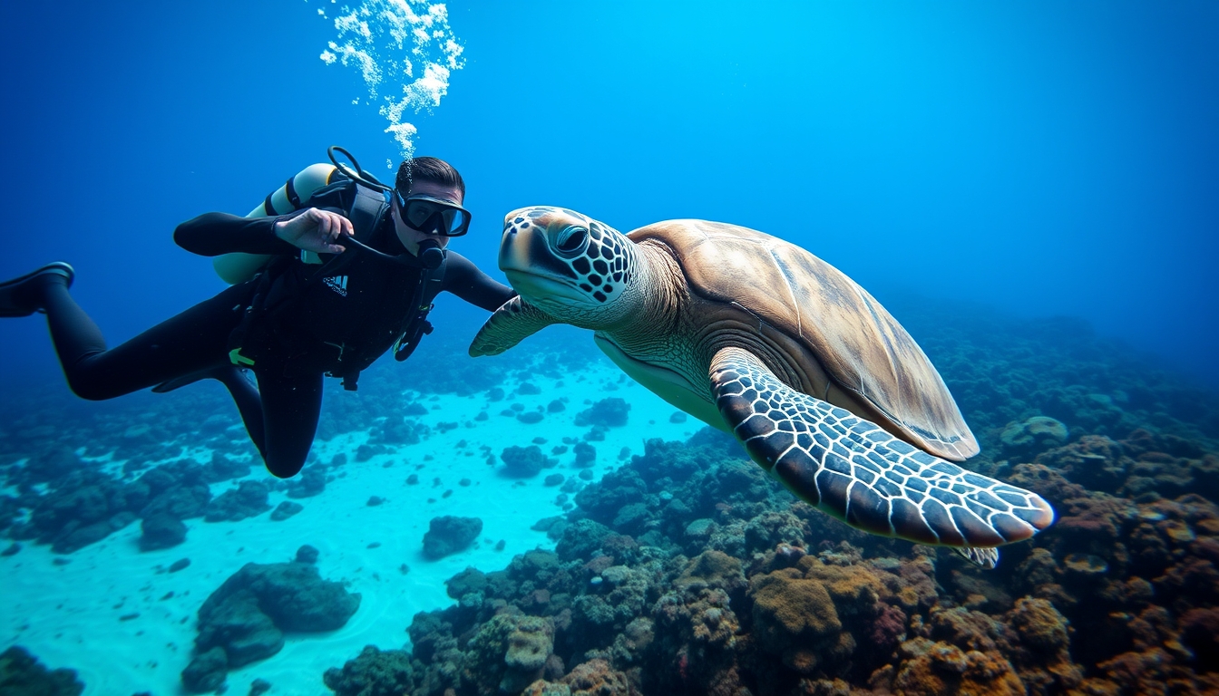 A powerful underwater shot of a diver swimming alongside a majestic sea turtle, with vibrant coral reefs in the background.