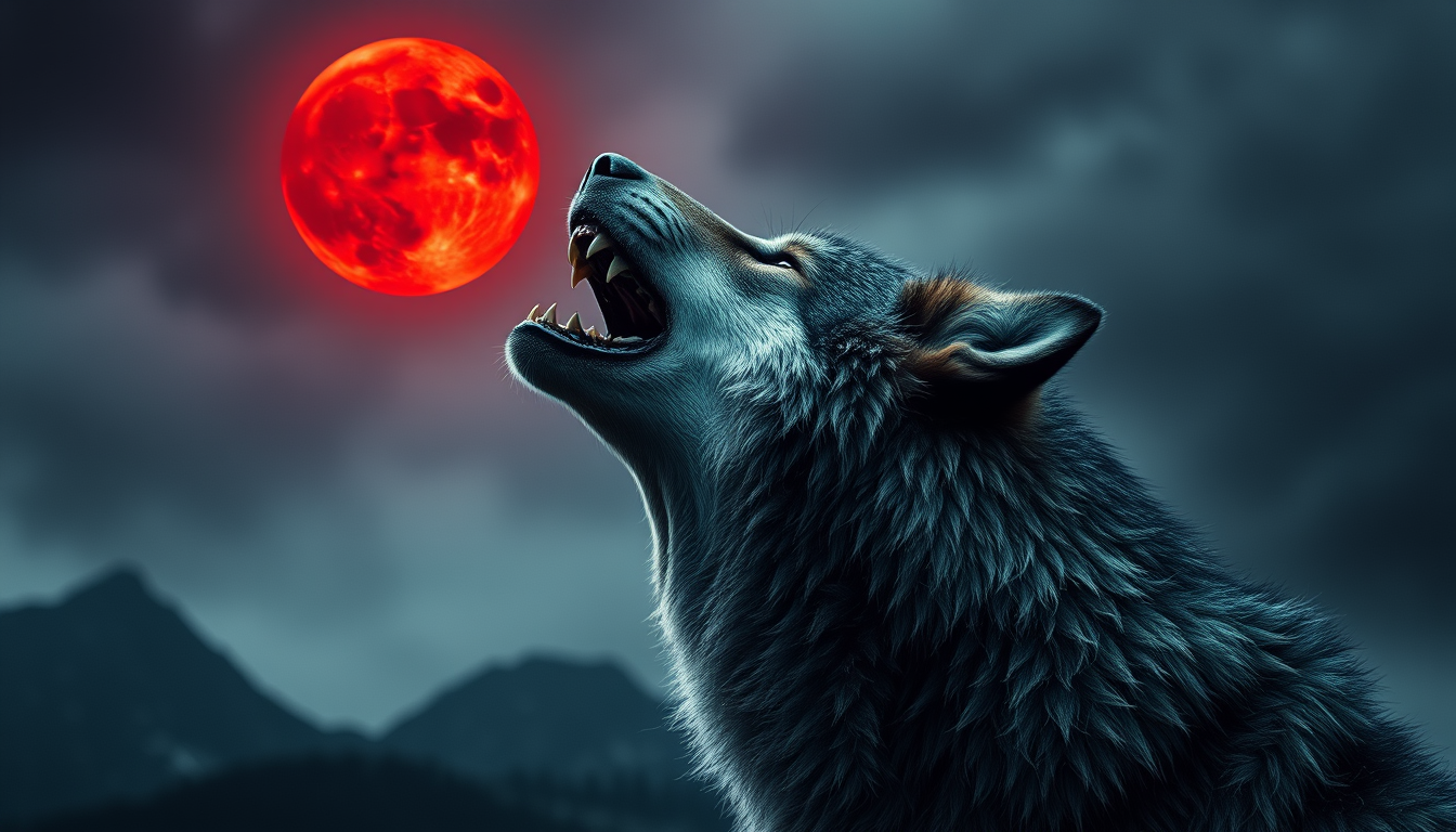 A horror style ultra-realistic photograph of a wild mountain wolf with sharp teeth howling at the bloody red moon, side view.