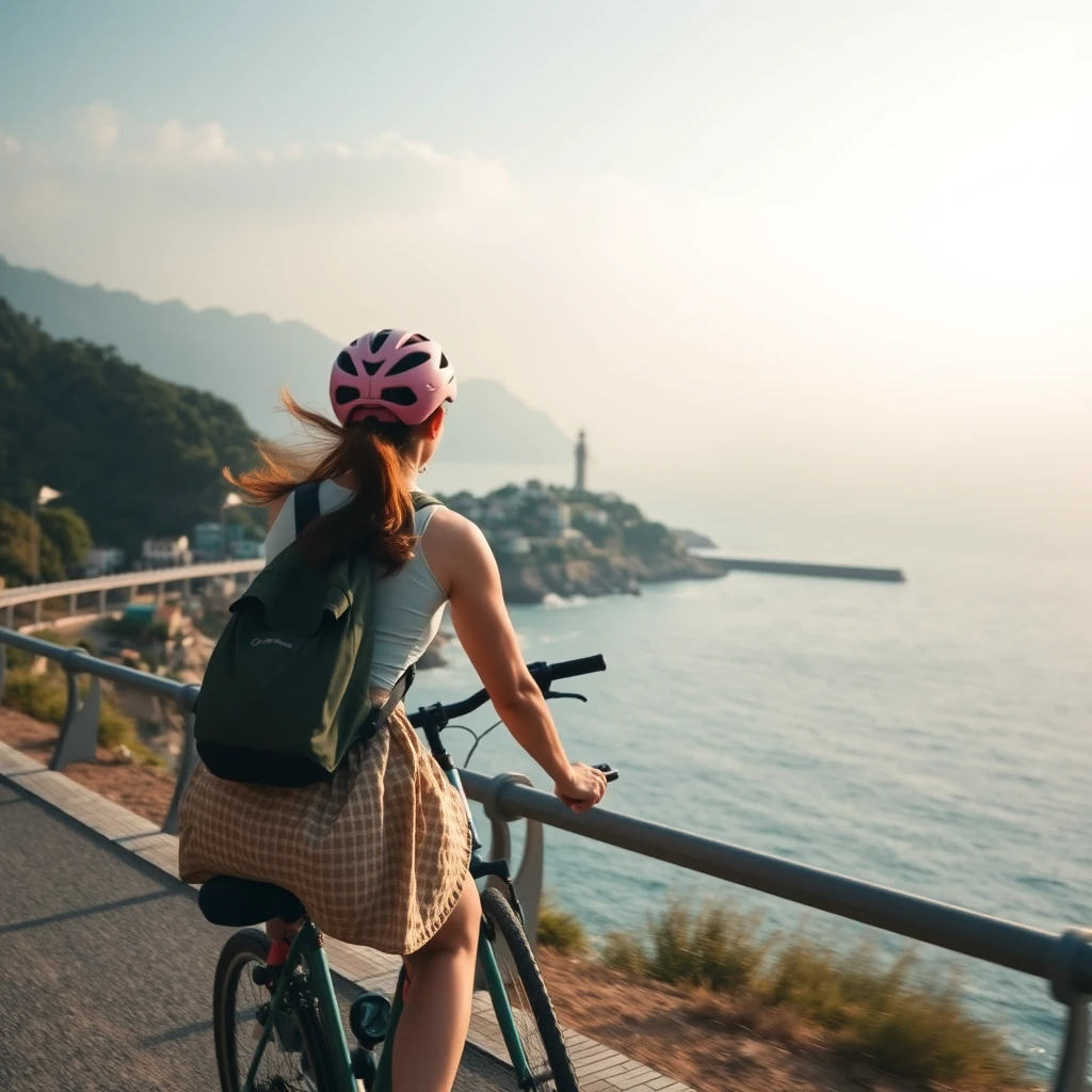 Woman cycling along island coastline, sea breeze, fishing villages, lighthouses, endless blue, capturing unforgettable moments, photorealistic style, Hong Kong Island.