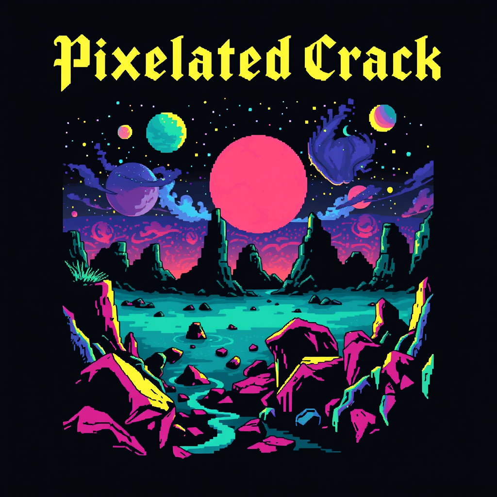 T-shirt design with a blocky colorful 8-bit style of death metal blended with chiptune. The visual should be unique and striking but macabre blended with beauty, and the band name is "Pixelated Crack" with a scene inspired by space.