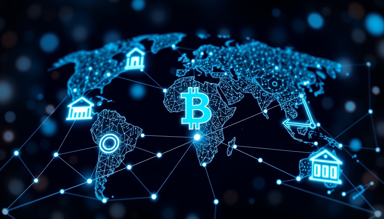 Blockchain network connecting global businesses, symbolizing decentralized economy. - Image