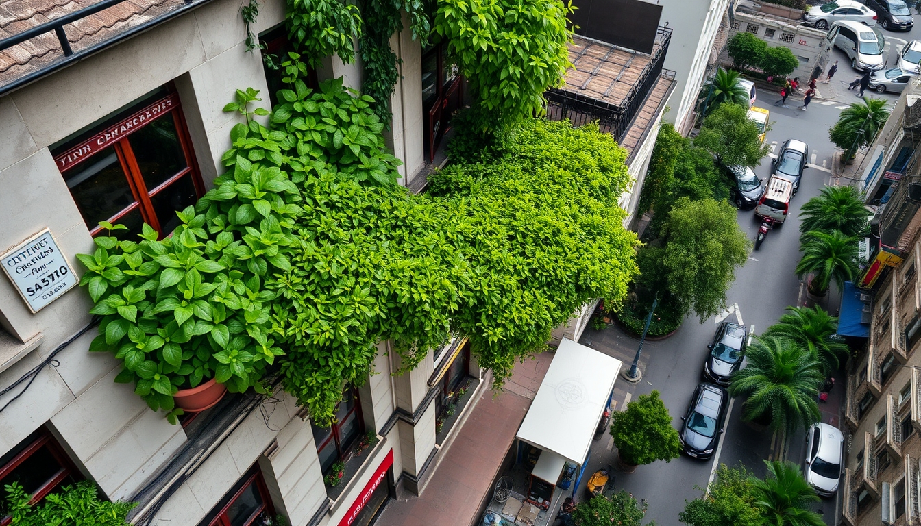 A high-angle shot of a bustling city street, lush green plants spilling from windows and rooftops, creating a vibrant contrast against concrete structures.