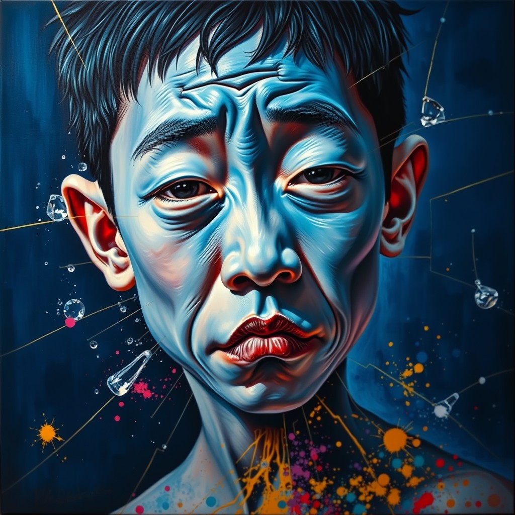 It's an oil painting in the style of Picasso, close up, an Asian boy with blue skin and a twisted face, surrounded by glass breakage and gold lines in a dark blue background, a colorful explosion of the spillage of powder. - Image