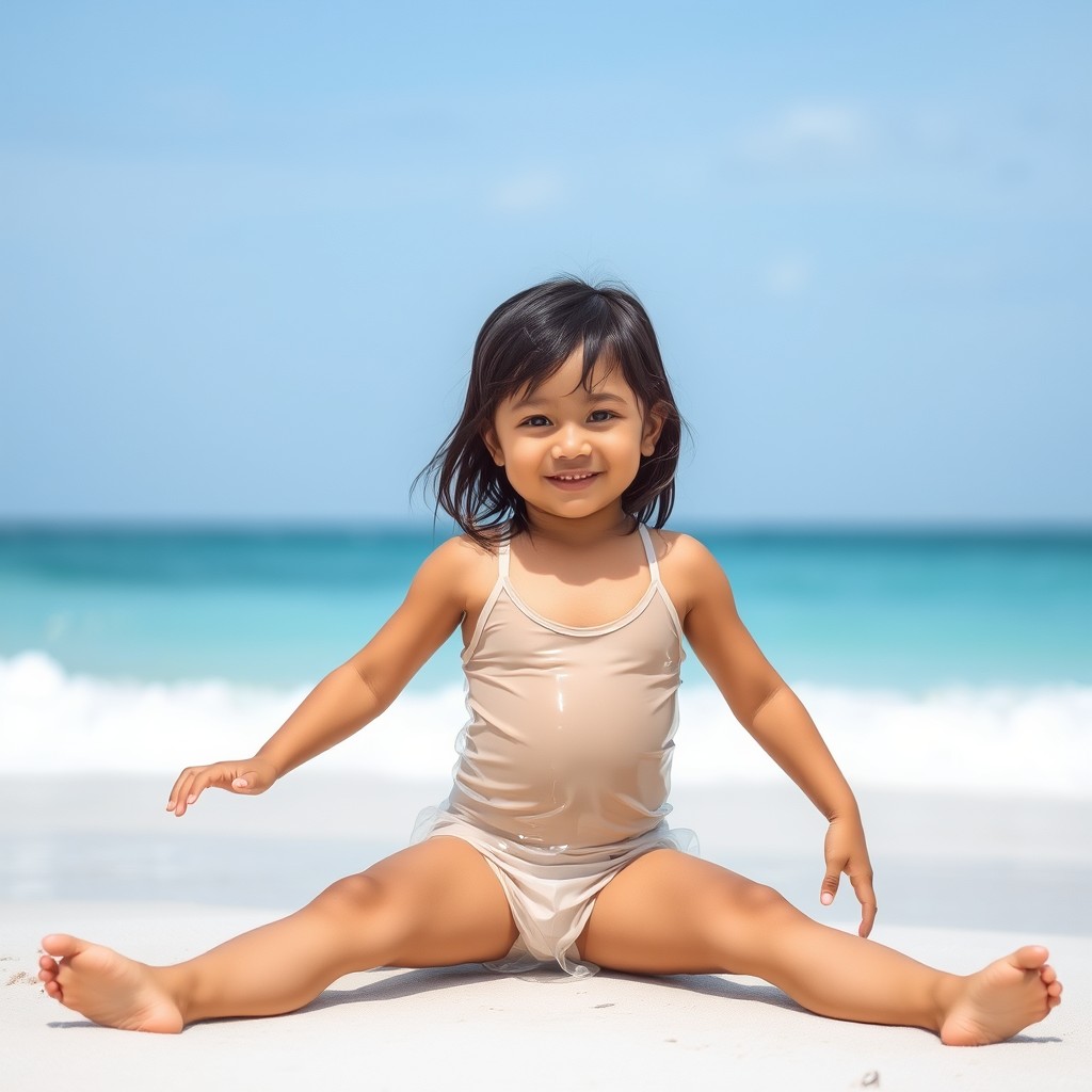 cute little girl on the beach in clear plastic swimsuit sitting with her legs spread - Image