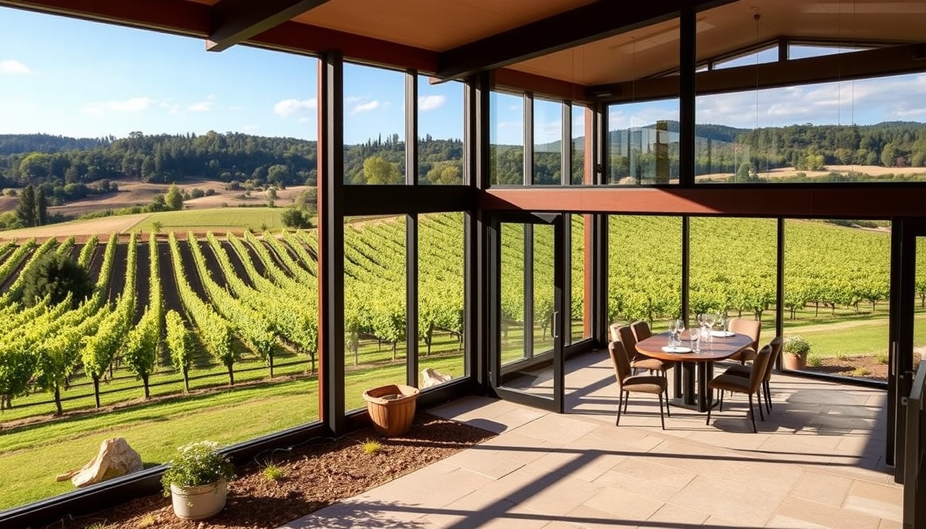 A picturesque vineyard with a glass-walled tasting room overlooking the grapevines. - Image