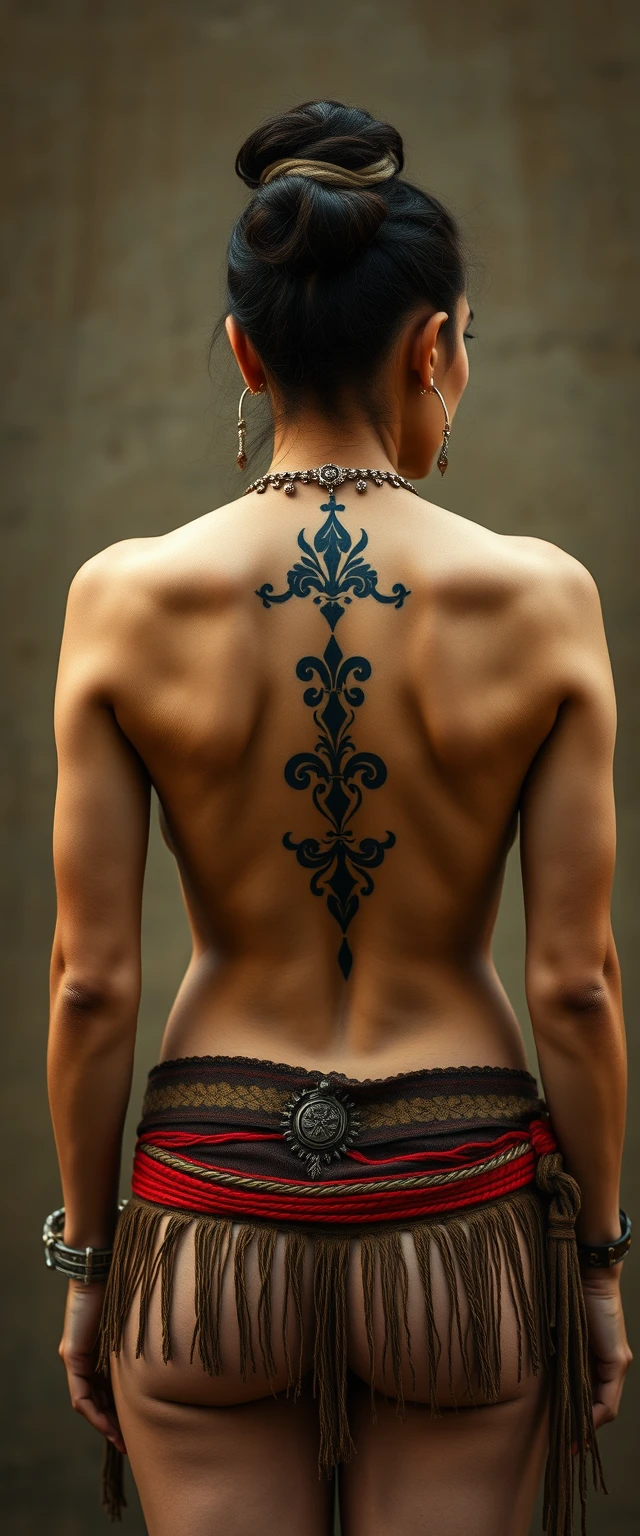 Tattooed back of muscular Indian women with white skin.