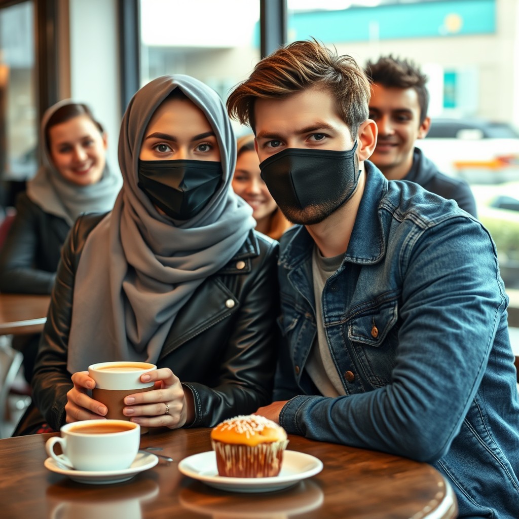 Jamie Dornan's head and body shot, handsome, young, black face mask, blue jeans jacket, jeans, dating a Muslim girl in a grey hijab, beautiful eyes, black face mask, black leather jacket, biggest floral skirt, at a cafe, 2 cups of latte, muffin cake, chocolate donut on a table, with another 3 friends smiling in the background, photorealistic, hyper-realistic, street photography, selfie.