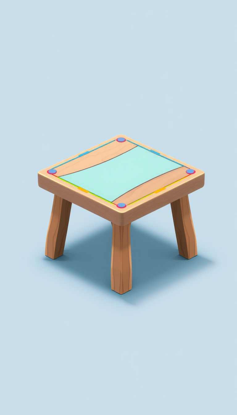 Digital illustration of a 3D table made of wood. It is a square table with legs, the top has a multicolor border and the middle part is aqua blue. The overall mood is playful, suitable for a kid-friendly game. - Image