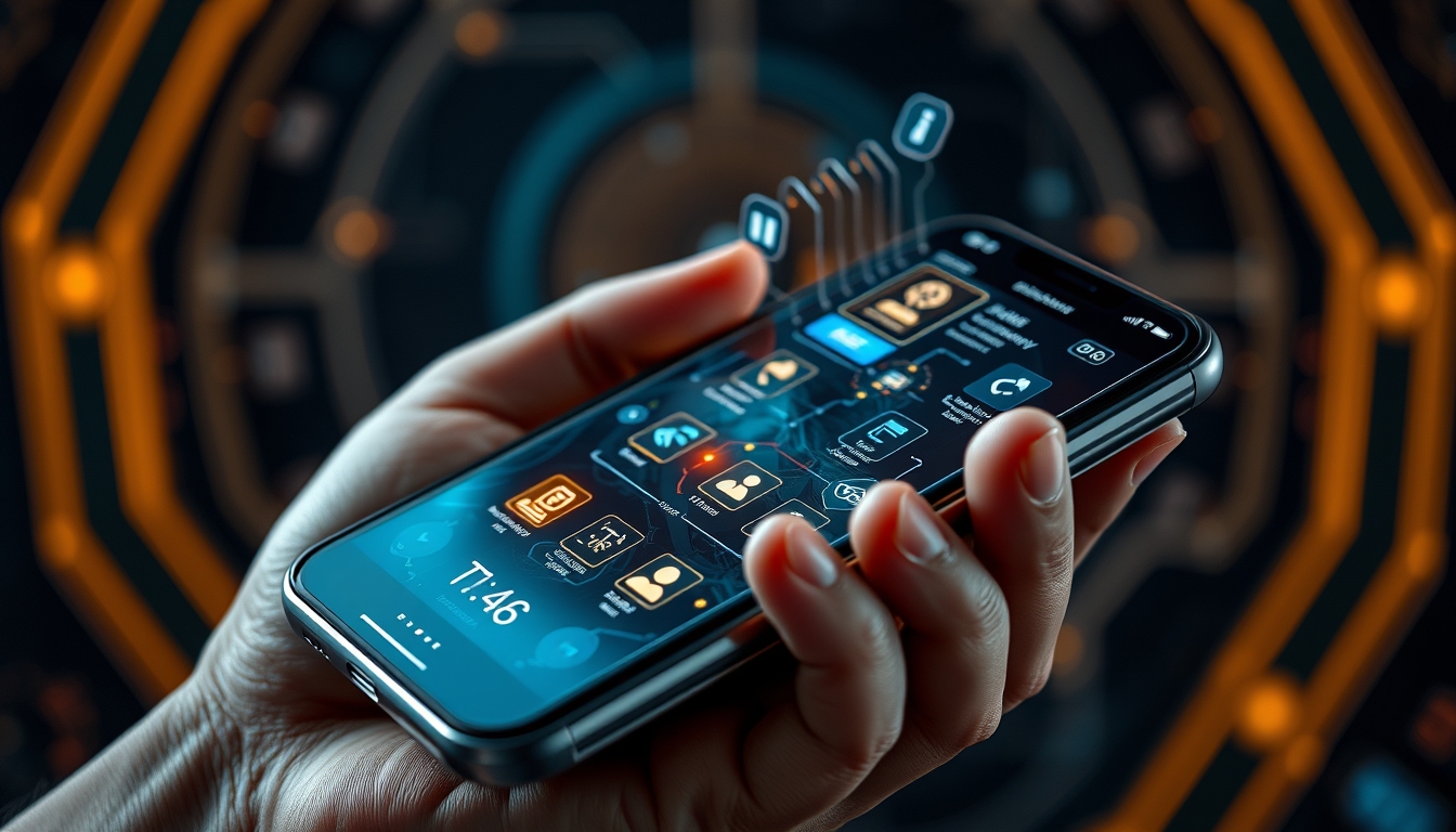 A close-up of a hand holding a futuristic smartphone, with holographic interfaces and glowing icons, set against a dark, tech-inspired background. - Image