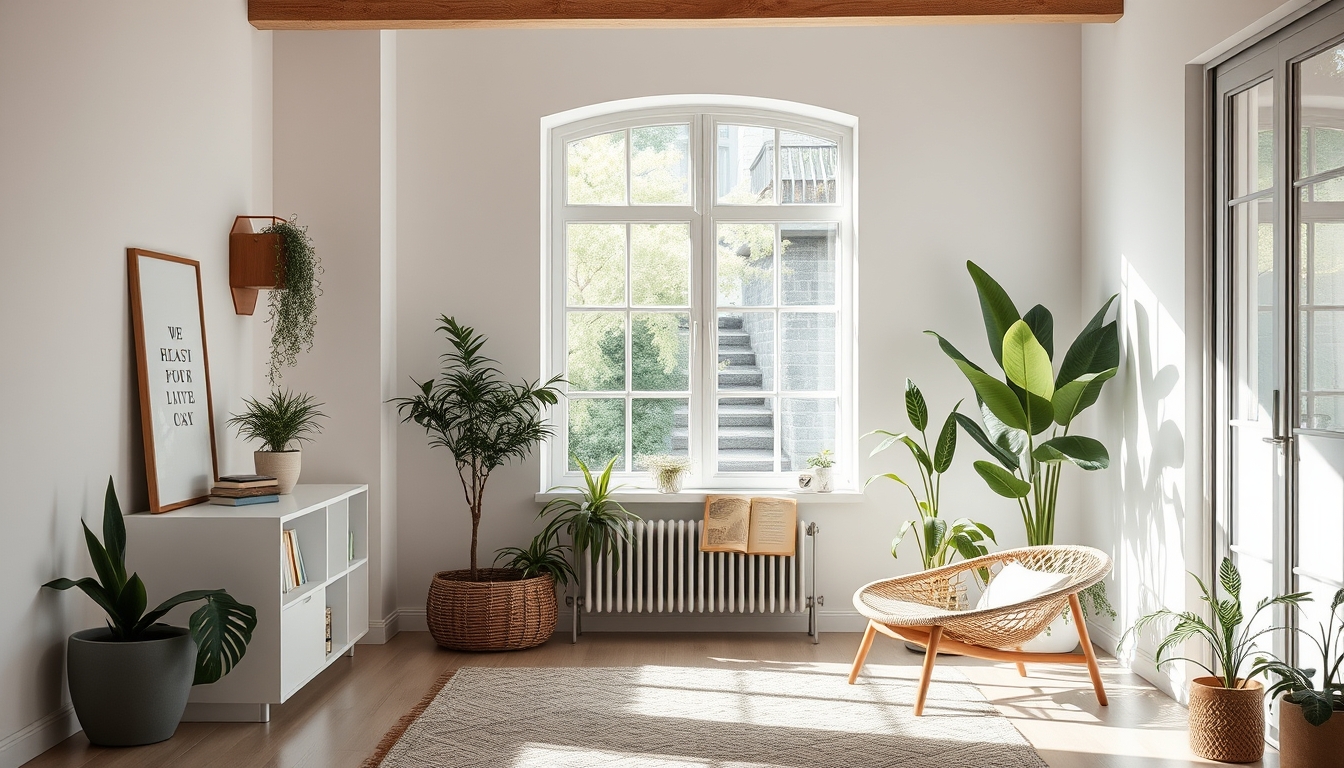 A serene interior space with natural light streaming in, featuring minimalistic decor, indoor plants, and a cozy reading nook.