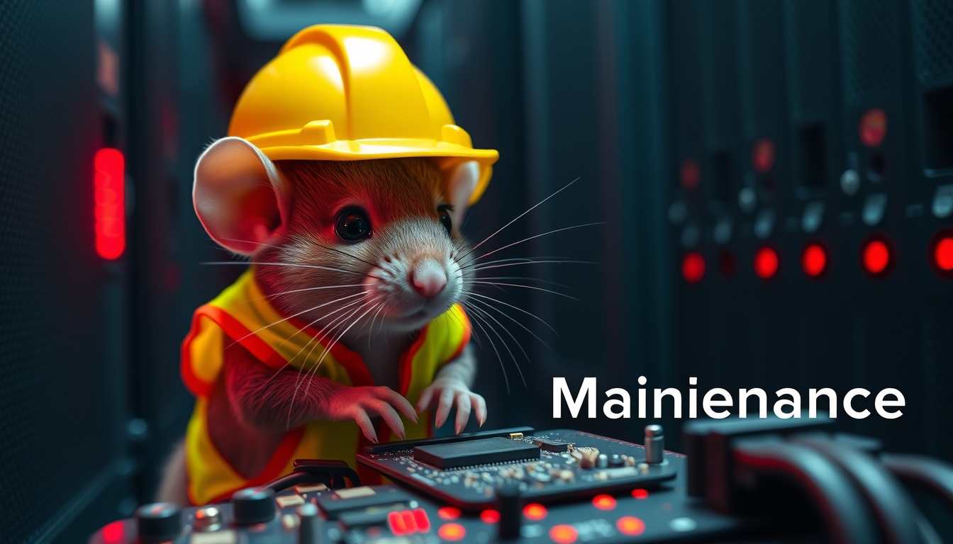 A small mouse with a hard hat and high visibility vest is repairing a circuit board. The mouse has a serious look in his eyes, and the background shows a server room with only red emergency lighting, red ambient lighting, emergency lighting. (Text of image saying "Maintenance": 1.5)