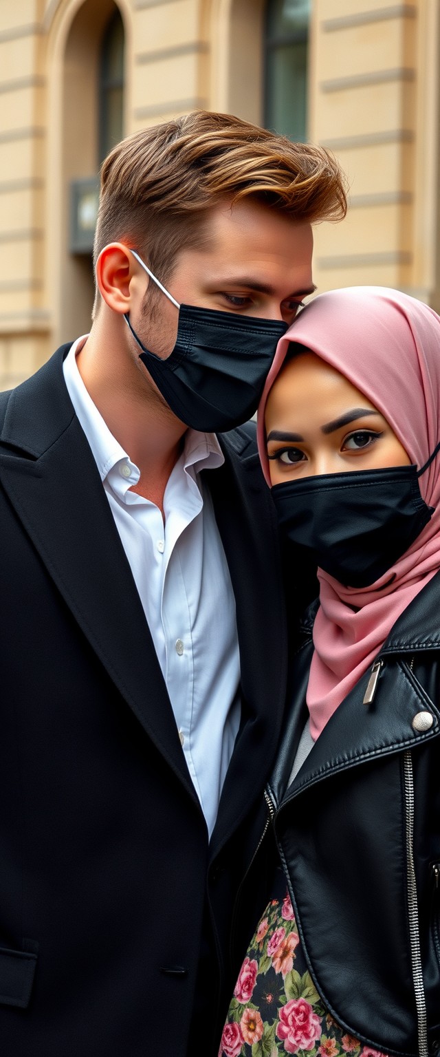 Jamie Dornan's head and body shot, handsome, young, face mask black, white shirt half buttoned, black coat suit, dating love with the biggest soft pink hijab girl, beautiful eyes, black leather jacket, face mask black, biggest floral skirt, hyper realistic, street photography.