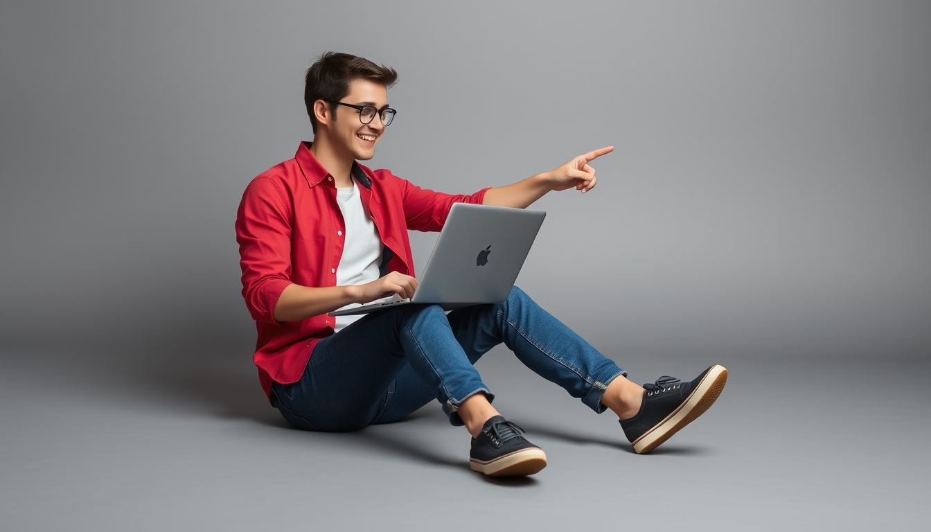 Full body young IT man wearing a red shirt and casual clothes sits holding and working on a laptop, pointing his finger to the side in an area isolated against a plain grey color background in a studio. Lifestyle concept.