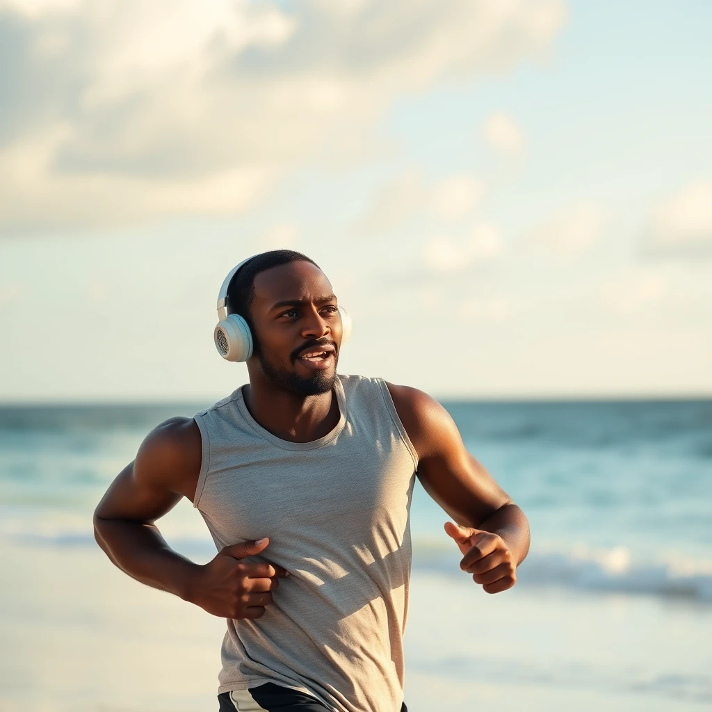 A young black man jogging on a beach in the Bahamas listening to a podcast on his headphones. - Image