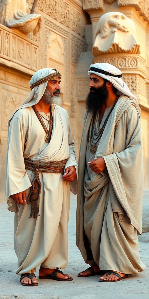 An ancient Arabian man with white skin and a black beard is talking to his friend, wearing ancient sandals. - Image