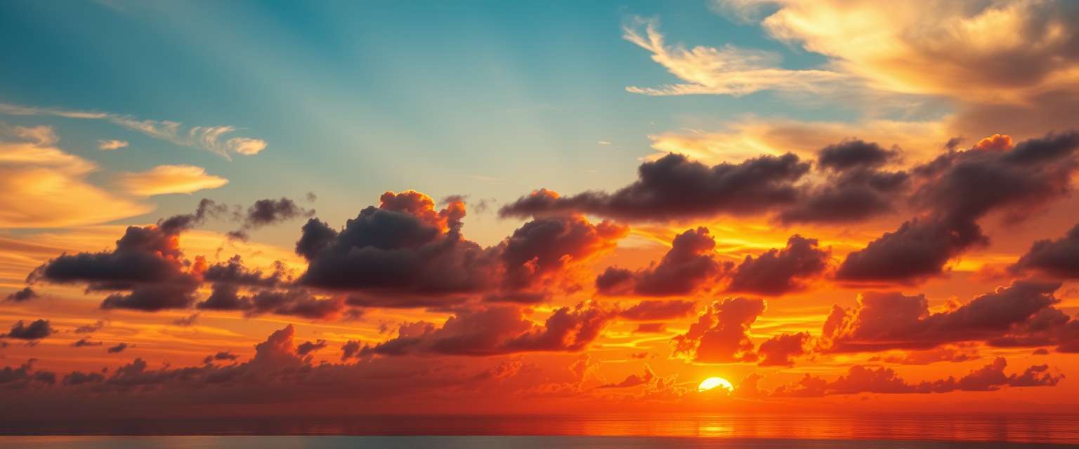 fiery sunset, clouds, high quality, photorealistic, evening sky, reflection, serene