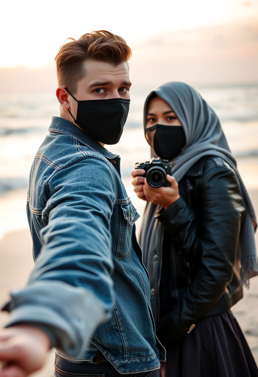 Jamie Dornan's head and body shot, handsome, black face mask, denim jacket, jeans, dating, love couple, with the biggest gray hijab Muslim girl, black face mask, beautiful eyes, black leather jacket, biggest skirt, taking a photo at the beach, DSLR Canon camera, sunrise, hyper-realistic, street photography, selfie. - Image