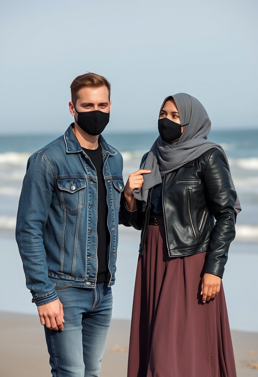 Jamie Dornan's head and body shot, handsome, black face mask, jeans jacket, jeans, dating, love couple, joking, with the biggest grey hijab Muslim girl, black face mask, beautiful eyes, black leather jacket, biggest skirt, at the beach, hyper-realistic, street photography.