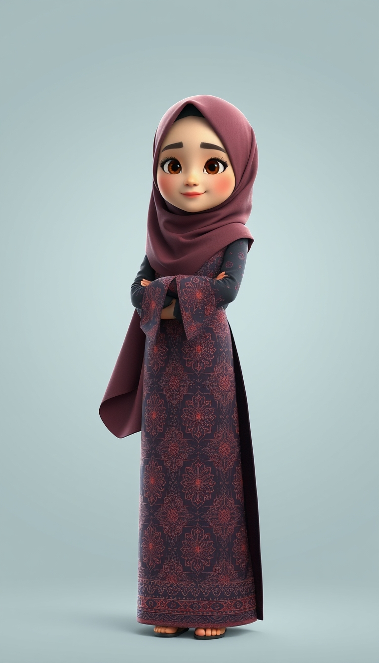 Create a 3D, 8K animated cartoon of a Muslim woman from Palembang wearing a long traditional songket dress. She should have her hands covered with batik gloves. The image should capture the elegance and cultural richness of the attire.