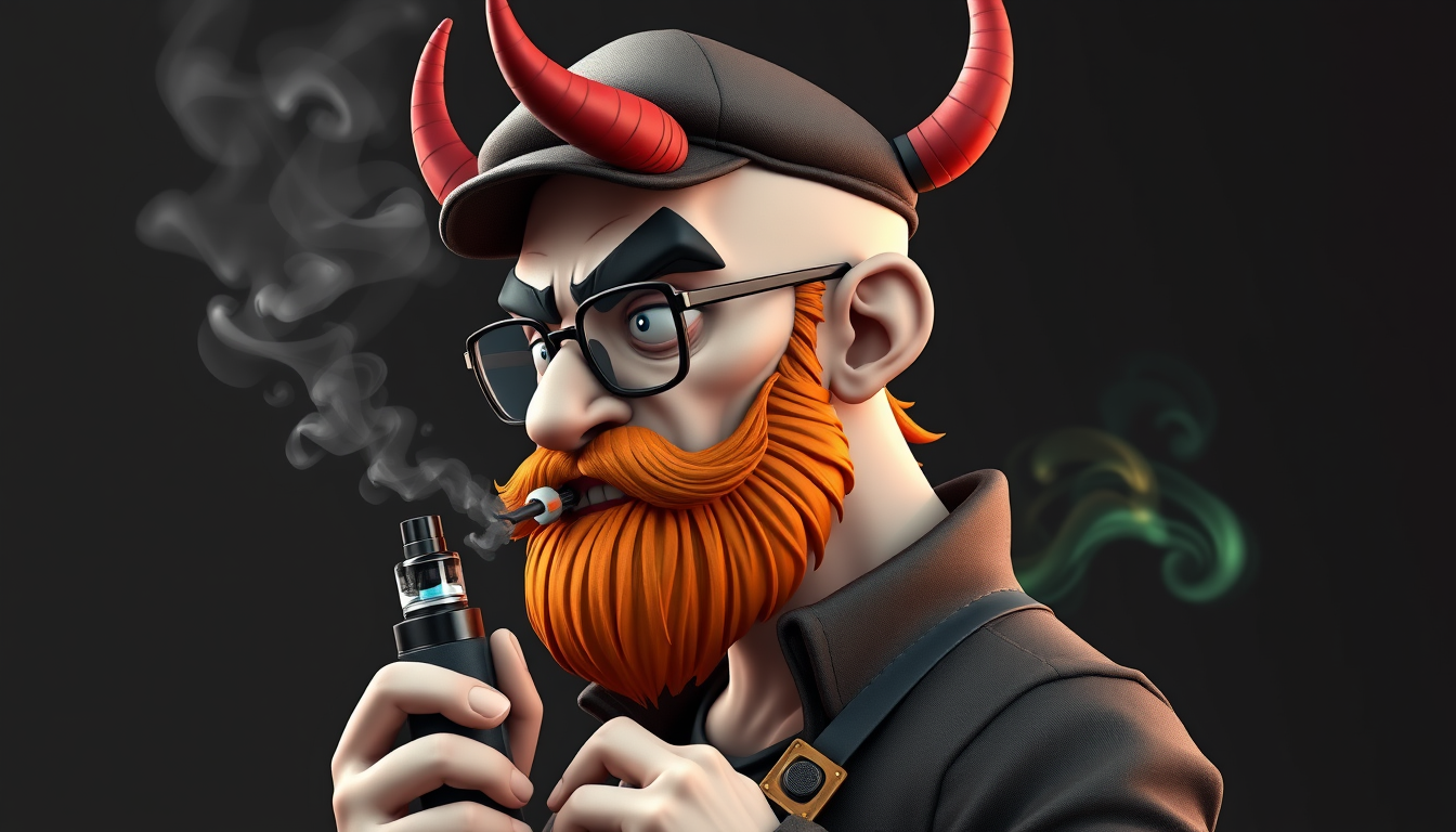 Three-quarter view of a sinister, bald cartoon human male with necromancer lich features. Demonic horns, short fiery ginger beard contrasts with dark eyebrows. Wears a weathered flat cap and aviator glasses. Clutches a sleek vape mod, exhaling dense, swirling vapor clouds. Vibrant e-liquid drips off his pale skin, creating a colorful aura. 3D rendered.