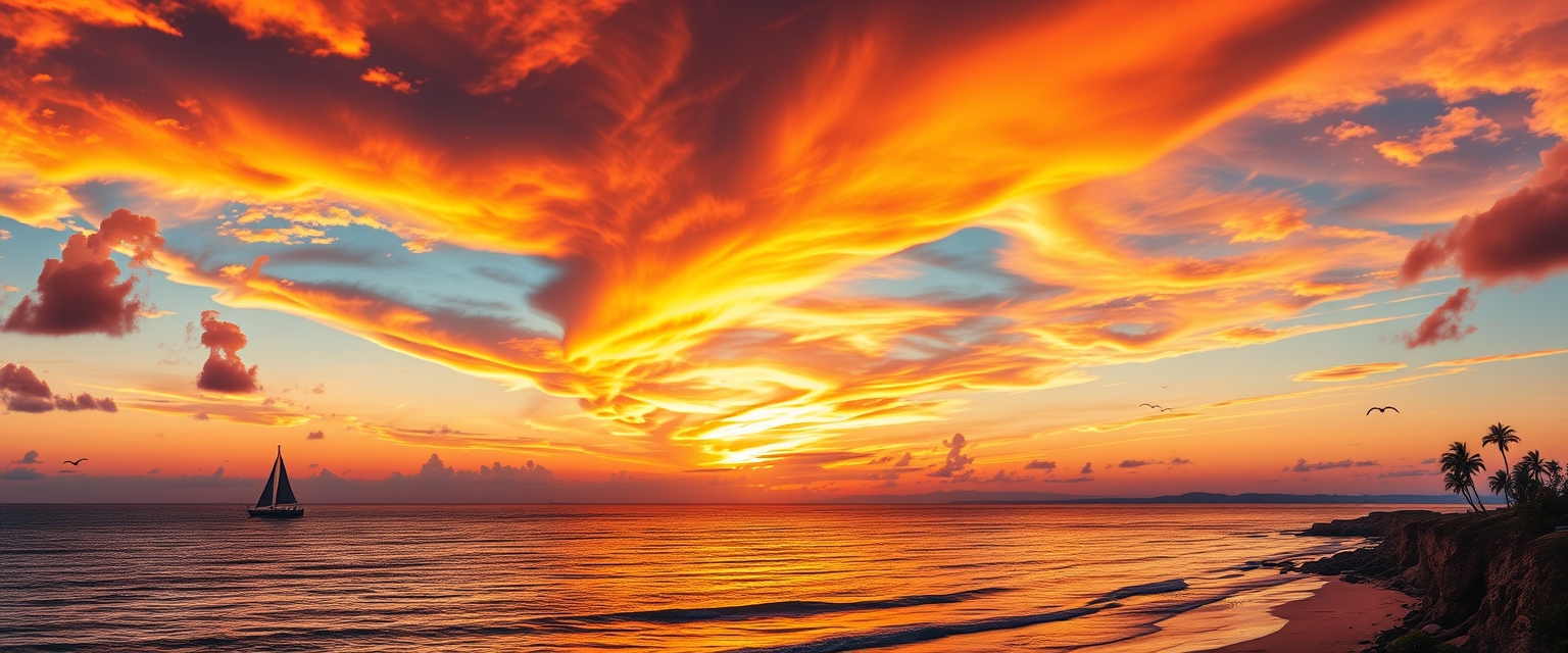 Dramatic, fiery sunset, colorful clouds, silhouettes, high quality, photorealistic, tranquil, evening sky, reflection, serene, coastal, panoramic, breathtaking::0.7 sailboats, palm trees, beachside bonfires, coastal cliffs, seashells, peaceful waves, seagulls.