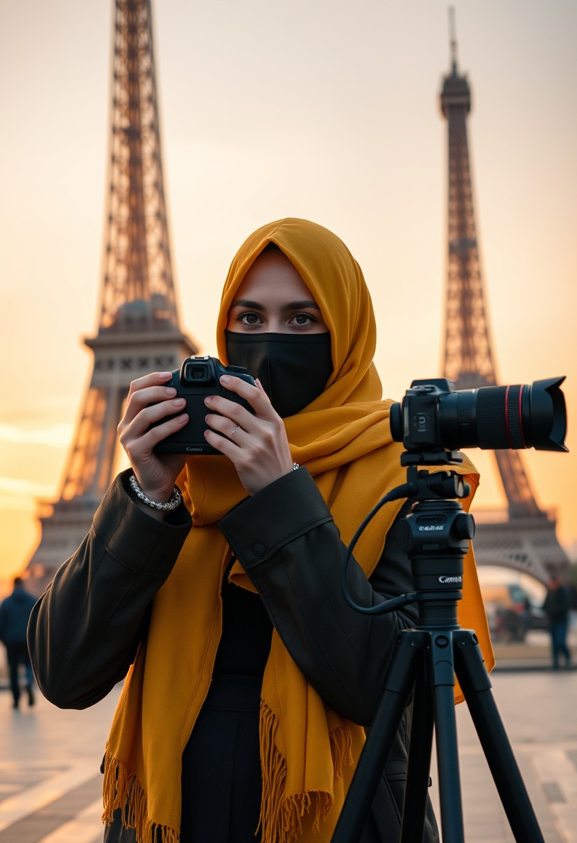 Biggest hijab yellow Muslim girl, beautiful eyes, face mask black, army leather jacket, biggest skirt, camera dslr canon, tripod, taking photos of Eiffel Tower, sunrise, morning scenery, hyper realistic, street photography. - Image