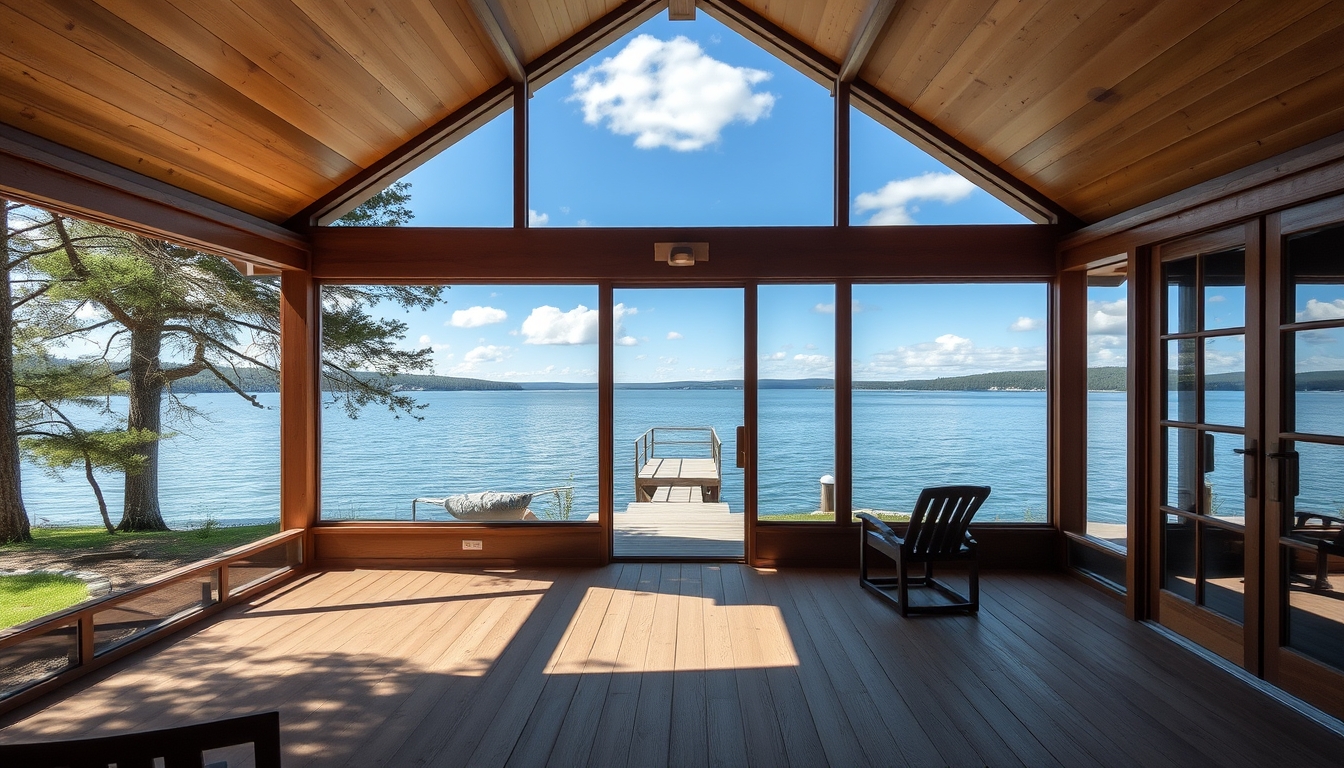 A serene lakeside cabin with a glass front, offering an unobstructed view of the water. - Image