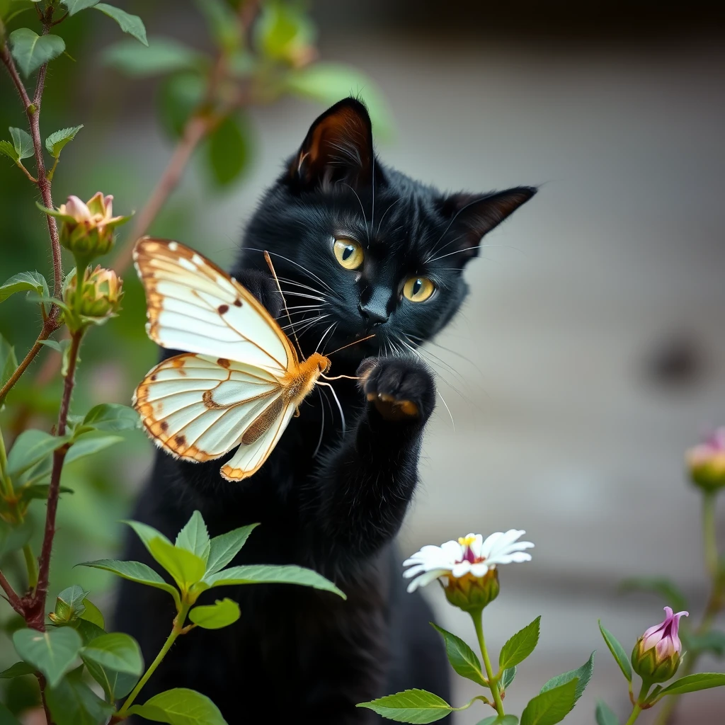 A black cat is catching a white butterfly.