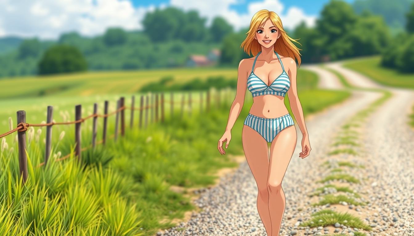 Anime style, a beautiful adult woman wearing a striped bikini walking on a gravel country road, barefoot, smiling. - Image