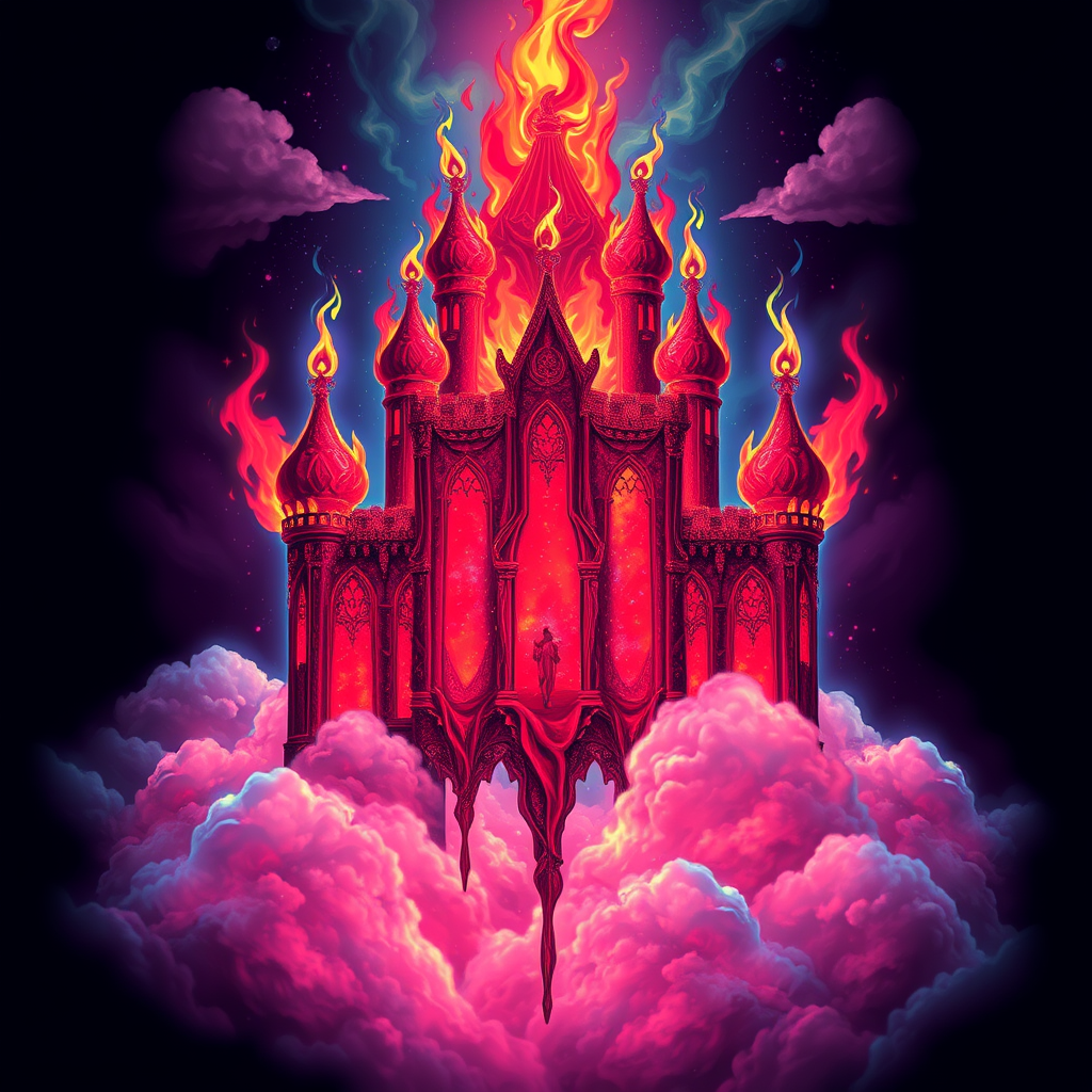 A tee shirt design of a beautiful ruby red kingdom in the clouds on fire with beautiful liquid red ruby dripping with flames. The kingdom has subtle rainbow light embers burning inside. Inside of the kingdom should be reminiscent of beautiful galaxies perfectly blended with chaos. Striking and otherworldly on a transparent background, the flames should have an outline of a beautiful blue ethereal glow. - Image